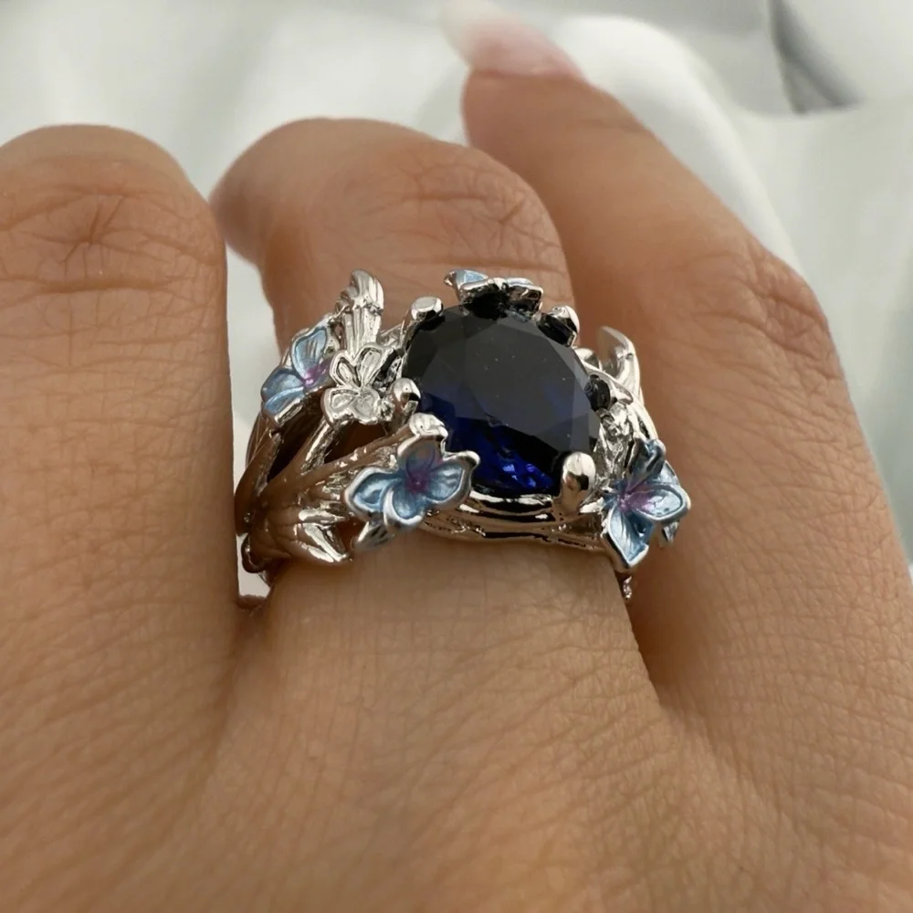 Anthropologie Elegant Silver and Blue Floral Ring